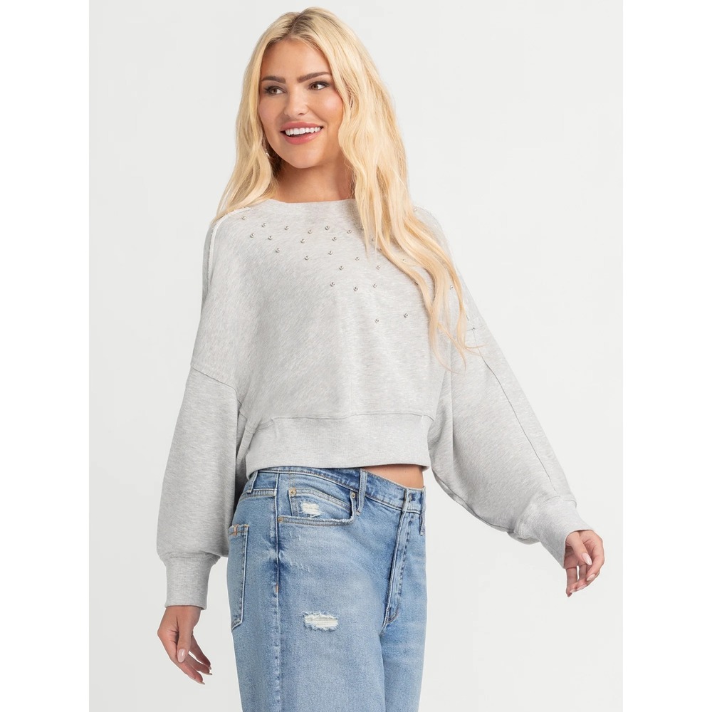 Jessica Simpson Merril Crew Neck Beaded Pullover Top NWT Heather Grey XL